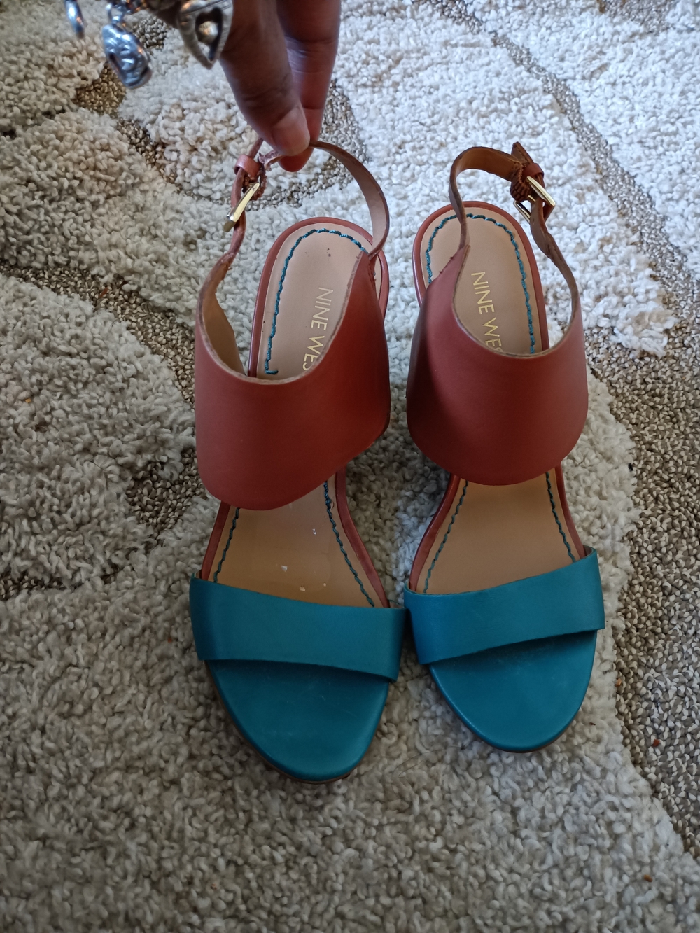 Nine West Teal and Rust Colorblock Slingback Sandals